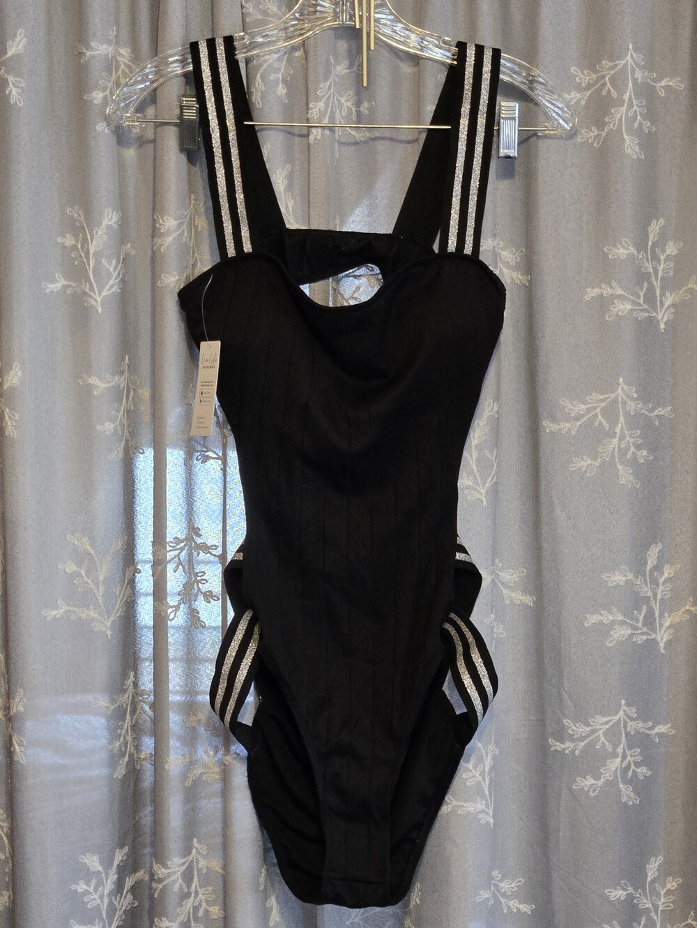 Cupshe Black With Silver Stripes Womans One-Piece Size Medium NWT